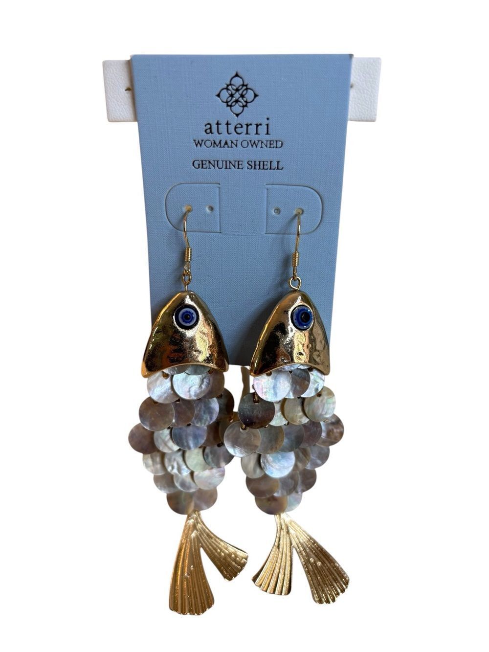 Hammered Gold Tone Evil Eye Fish Dangle Drop Earrings w/ Iridescent MOP scales.